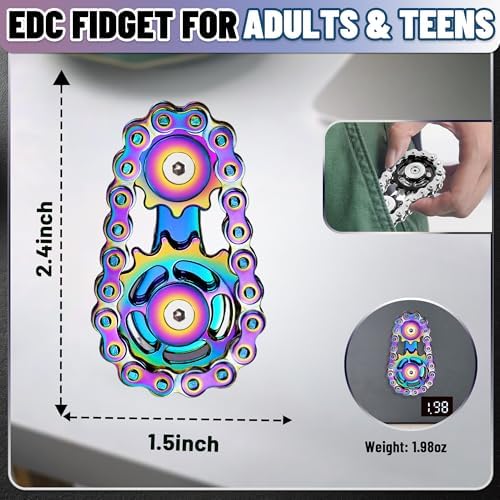 Metal Fidget Spinner Toys for Teens Boys Adults Bike Chain Roller Gadgets ADHD Figette Anxiety Stress Relief Items Quiet Figet Desk Offices EDC Men Easter Basket Stuffer - Rainbow+Black