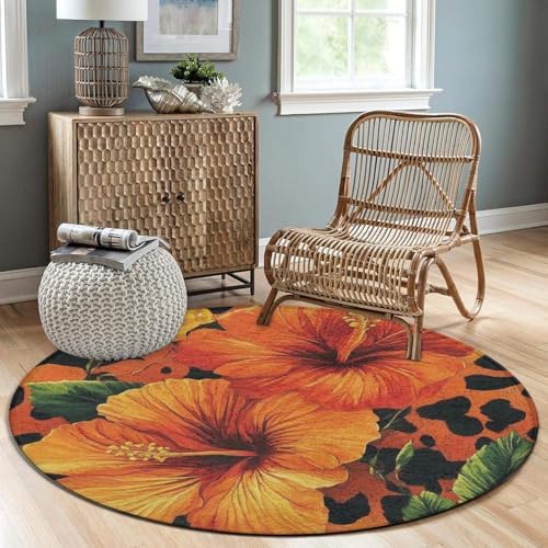 Home Decor Non Slip Kitchen Office Circle Rug, Machine Washable Modern Round Area Rug, Room Sofa Yoga Soft Round Carpet Orange Yellow Flower Floral Cheetah Leopard Print, 60inch