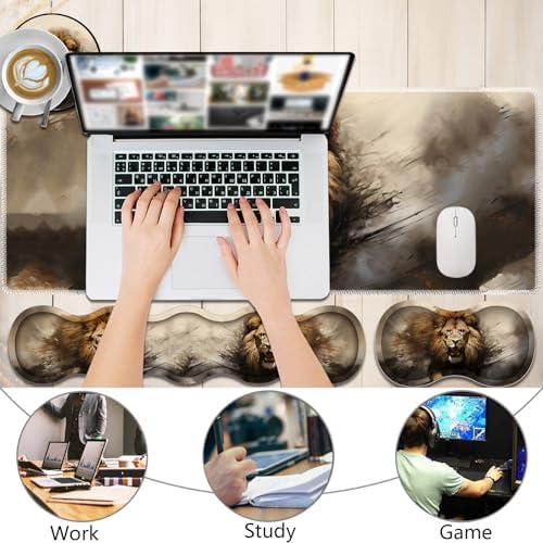 4 in 1 Mouse Pad Combo, Large Gaming Mouse Pad + Keyboard Wrist Support + Mouse Wrist Rest + Coaster, Table Pad with Stitched Edge Ergonomic Wrist Pad Set, Lion