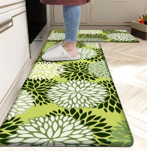 Kitchen Mats Set of 2 Cushioned Anti Fatigue Kitchen Rugs Non Slip Waterproof Kitchen Runner Memory Foam Floor Mat Comfort Standing Mat for Sink,Office,Laundry, Green