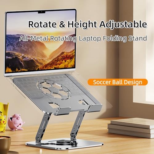 Laptop Stand for Desk, Adjustable Metal Foldable Laptop Riser with 360° Rotation & Football Vent Pattern, Ergonomic Computer Notebook Holder for MacBook Air Pro, Dell XPS, HP 10-17.3", Gray