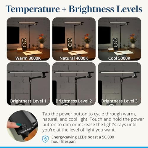 UPLIFTDESK E7 LED Desk Lamp - Adjustable 3 Color Modes, Dimmable Home Office Desk Light for Standing Desk, Dual Monitors, Aluminum Task Lamp (Silver Base)
