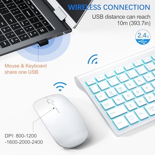 Wireless Backlit Keyboard and Mouse Ultra Slim Combo, TopMate - Matte White
