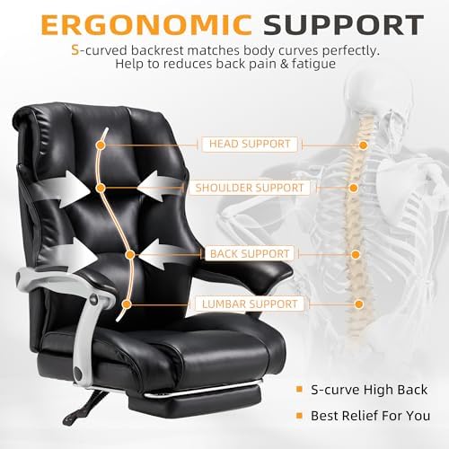 HOMREST Big and Tall Office Chair, 550LBS Heavy Duty Office Chair for Heavy People, Leather Executive Chair with 155° Recline Backrest, Large Back Pocket & Footrest Black