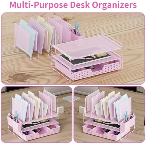 LEKETREE Pink Desk Organizer, Office Organization with Vertical File Holder, File Organizer with Drawer and Pen Holder, Desk Accessories and Workspace Organizers for Home Office (Pink)