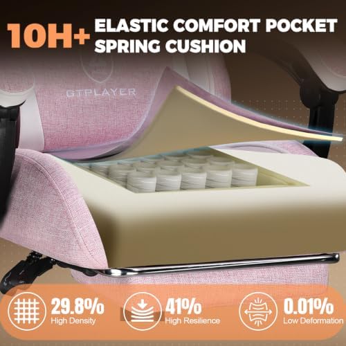 GTPLAYER Gaming Chair with Footrest, Ergonomic Office Chair 400lbs Heavy Duty, Big and Tall Computer Desk Chair with Lumbar Support and Headrest, Breathable Linen Fabric, 90-155° Recline Pink