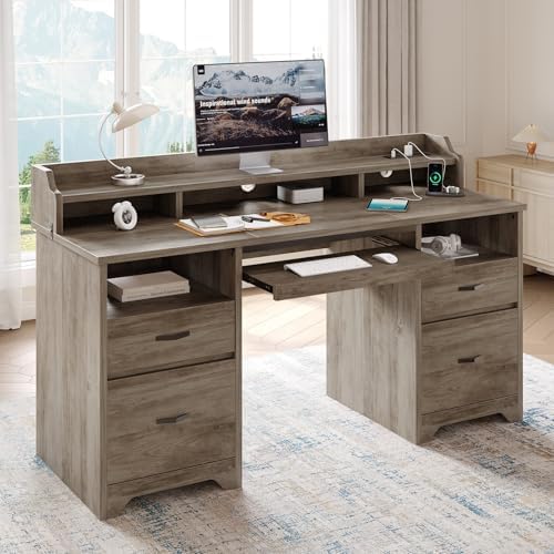 Bestier 59" Executive Desk with Charging Station & Monitor Stand, Grey