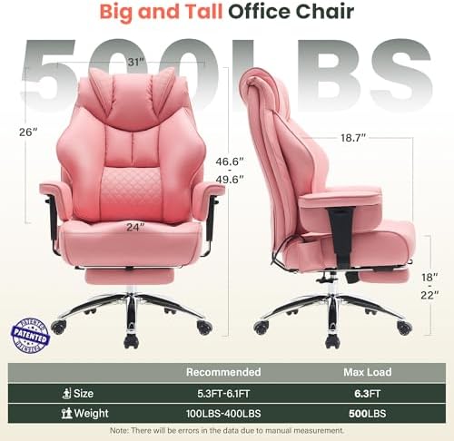 CIOMAN 500lbs Big and Tall Office Chair Adjustable Lumbar Support, Extra Wide Seat Ergonomic Gaming Chair with Footrest, Heavy Duty High Back Executive Leather Computer Desk Chair, Pink