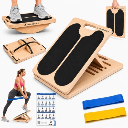 3-in-1 Slant Board & Balance Board, 6 Angle Adjustable Calf Stretcher, Wooden Incline Board for Squats, Ankle & Foot Stretching