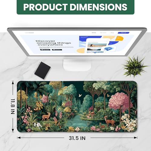 Aesthetic Desk Mat, Cute Enchanted Forest Desk Pad Protector for Work & Decor, 31.5" x 11.8", Pretty Non-Slip Extended Mouse Pad for Office or Home