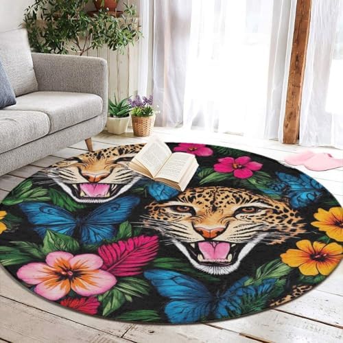 Highly Premium Quality Floor Mat, Office Chair Decor Mat, Room Sofa Yoga Soft Round Carpet Jungle Florals Cheetah Leopard Print, 24inch