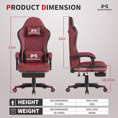Gaming Chair with Footrest, Ergonomic Computer Chair, PU Breathable Material with Headrest and Lumbar Support, Suitable for Silla Gamer and Adults (RED)