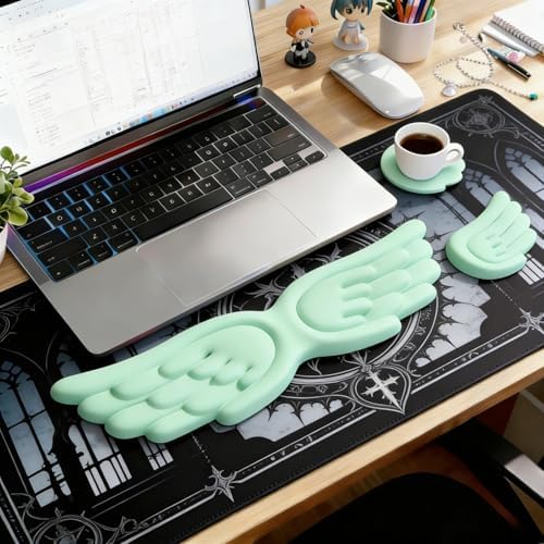 Angel Wing Wrist Rest Ergonomic Memory Foam Wrist Rest for Computer Keyboard Mouse Set with Cup Mat, Cute Gaming Keyboard Cushion Hand Support PU Leather Surface Anti-Slip Waterproof (Green)