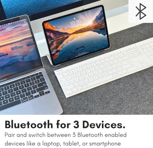 Macally Wireless Bluetooth Keyboard for Mac - Compatible Apple Keyboard or MacBook Pro/Air, iMac - Multi-Device, Up to 3 Devices with 110 Keys, 20 Shortcuts, Numeric Keypad, and Rechargeable - White