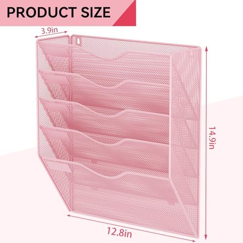 5 Pockets Hanging Wall File Organizer Mail Holder, Wall Mounted Paper Document Folder Holder, Clipboard Storage Organization Magazine Rack, Pink