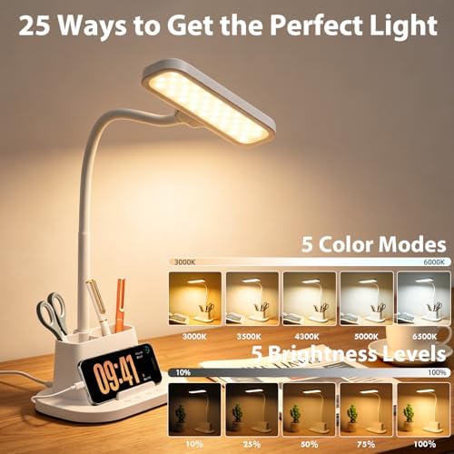 LED Desk Lamp for Dorm Small Desk Lamp with Pen Holder 5 Color Modes White