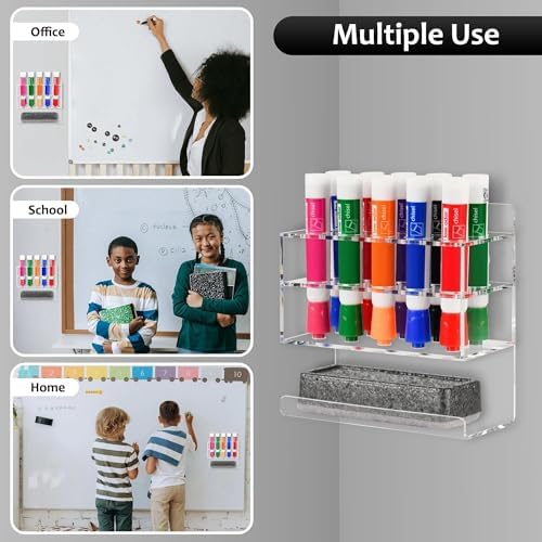 Dry Erase Marker Holder, Wall Mounted Acrylic Marker Holder with 10 Slots, Sticky Pen Storage for Classroom Organization, Office, Whiteboard, Desk Locker Organizer Accessories, Clear