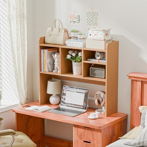 SUPER DEAL Desktop Bookshelf, Countertop Storage Hutch with 4 Shelves for Computer Desk, 2-Tier Display Rack, Multipurpose Wood Desk Hutch Storage Organizer for Home Office Dorm, Natural