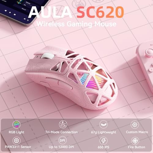 Aula SC620 Wireless Gaming Mouse, Tri-Mode 2.4GHz/USB-C/BT5.3 Computer Mouse with 12000 DPI, Programmable Macro Gamer Mouse with Rapid Fire Key, RGB Light Gaming Mice for PC/Laptop/Mac (Line Pink)