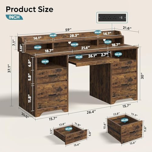 Bestier 59" Executive Desk with Charging Station & Monitor Stand, Brown
