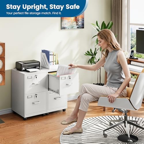 PEUKC 2 Drawers Mobile File Cabinet with Lock, Under Desk Rolling File Cabinet for Home Office, Organizes Letter Legal A4 Files, White(Assembly Required)