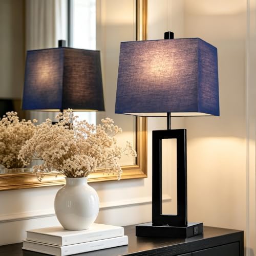 Cinkeda Blue Bedside Table Lamp Set of 2, Nightstand Lamps with USB Ports