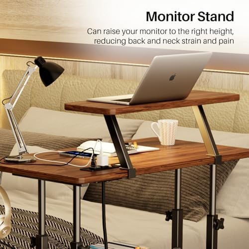 Adjustable Height Standing Desk with Power Outlets, Rolling Stand Up Desk with Monitor Stand and Storage Shelves, 31.5" Small Mobile Computer Desk, Portable Laptop Table (Retro Brown)