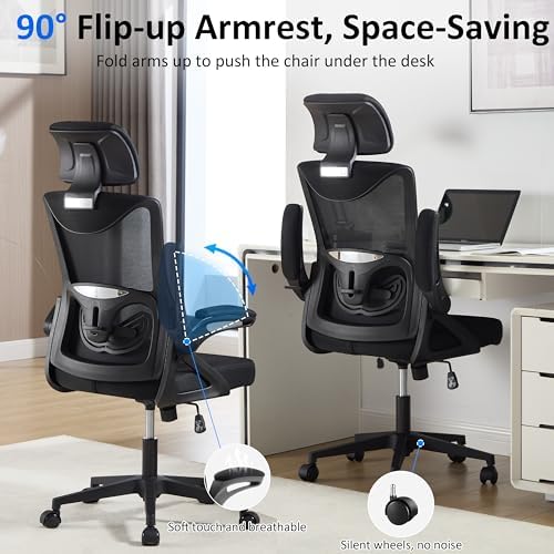 Fizzin Ergonomic Office Chair,Ergonomic Desk Chair with Headrest Mesh Computer Chair with High Back Adjustable Lumbar Support, Rolling Swivel Chairs with Wheel Armrests for Home Office,Black