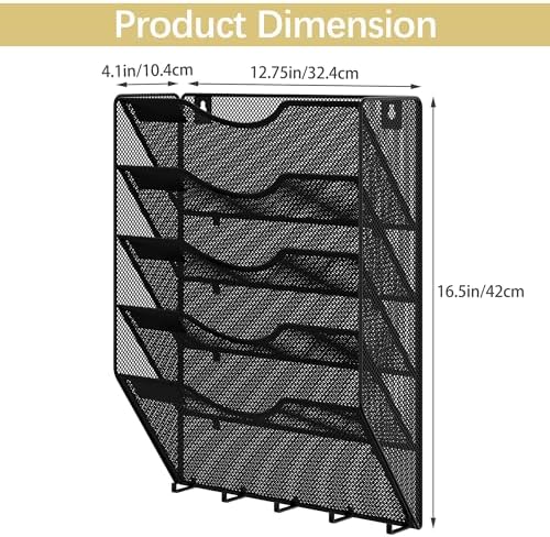 EasyPAG 5 Pocket Mesh Wall File Organizer with Key Hooks, Hanging Paper Folder Holder with Classify Label, Vertical Wall Mount Mail Organizer for Office Home Classroom, Black