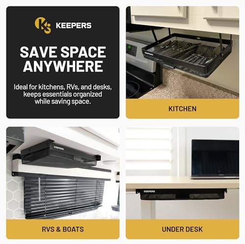 KEEPERS Anything Keeper — Compact 11x10in Under-Cabinet Slide-Out Drawer, Hidden Steel Organizer for K-Cups & Desk Items, RV & Small Kitchen — Black