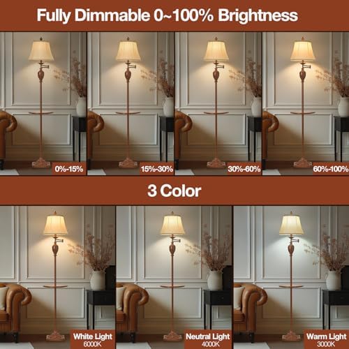 Traditional Floor Lamp with Tray, Remote Dimmable,350° Swing Arm and Walnut
