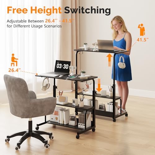 FCH 31.5" Mobile Small Standing Desk, Adjustable Height Mobile Computer Desk, w/2 AC Outlets + 3 USB Ports & Hooks, Storage Shelves, Suitable for Gaming, Studying, Home Office, Black