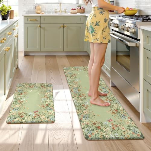 KIMODE Anti Fatigue Kitchen Mat,Sage Green Farmhouse Kitchen Rugs Sets of 2