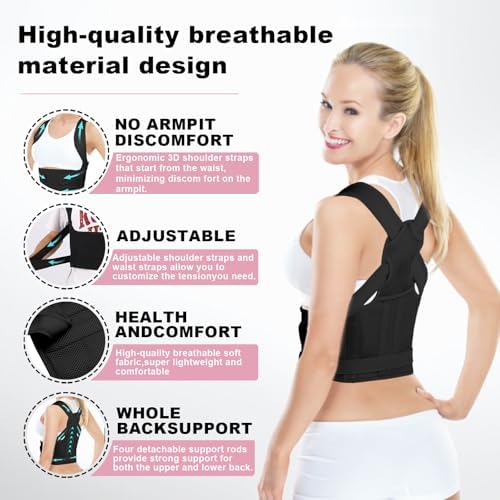 Posture Corrector for Women and Men,4 In 1 Adjustable Full Back Brace,Posture Braces Can Relieve Upper and Lower Back Pain, Shoulder Braces for Hunchback,Scoliosis, Lumbar Spine, Spine（Charcoal Black）