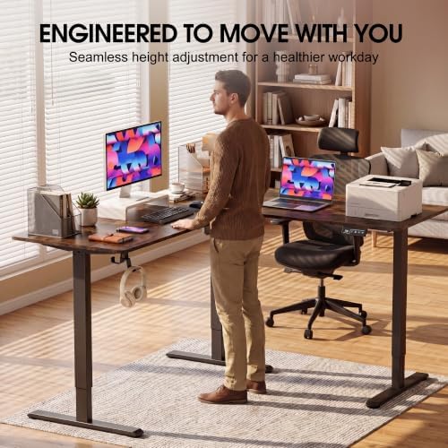 Furmax 63 x 55 Inch L Shaped Standing Desk with 2 Preset Heights, Electric Height Adjustable Computer Table, 2 Hooks & Feet Balance, Corner Sit Stand Desk for Home Office (Rustic Brown, 63 x 55 Inch)