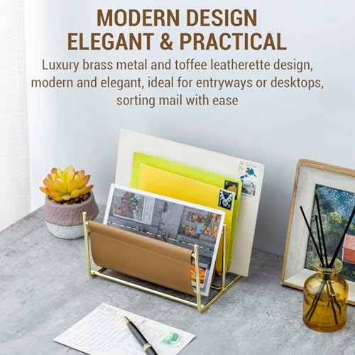 MyGift 2 Slot Modern Mail Holder, Deluxe Brass Tone Metal and Toffee Brown Leatherette Sling Entryway or Desktop Tabletop Letter Sorter