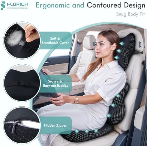 FLORICH Car Seat Cushion and Lumbar Support Pillow for Office Chair Car, Neck Headrest Pillow, Ergonomic Memory Foam, Pressure-Relieving Back Support for Car, Office Chair & Wheelchair – Deep Black