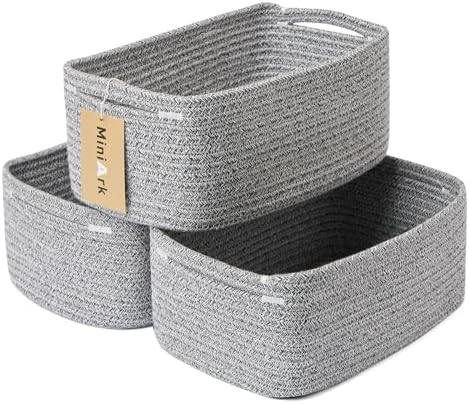 MiniArk Small Storage Baskets for Organizing | Closet Organizer Bins | Shelf Toy Basket | Woven Rope Baskets | Cube Decorative Box | Shallow Basket | 13x8.5x5.1” | 3 Packs Mixed Grey