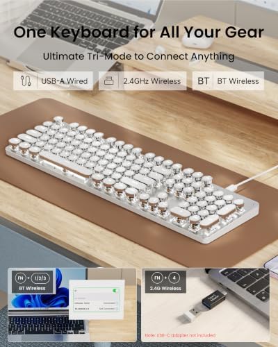 Wireless Typewriter Style Mechanical Keyboard with White Backlit, White
