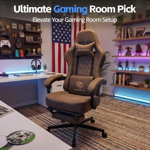 Gaming Chair Breathable Leather with Pocket Spring Cushion, Wide and High Ergonomic Office Chair with Headrest, Computer Gaming Chair with Footrest for Adult and Teen (Brown)