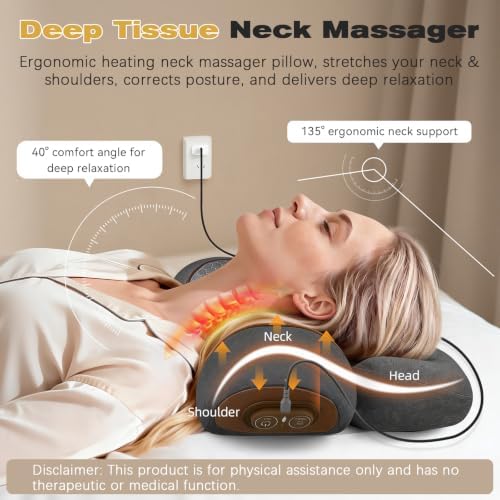 3-in-1 Neck Massager Pillow for Pain Relief, Neck Massager with Heat and Cervical Traction, Deep Tissue Massage Pillow for Shoulder & Back Comfort, Ergonomic Design for Men and Women (Deep Gray)