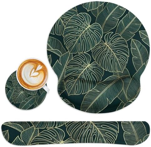 Britimes Ergonomic Mouse Pad Set with Wrist Rest, Green Palm Leaves