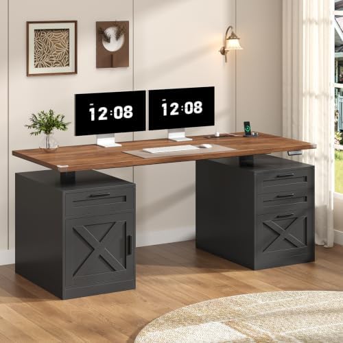YOMILUVE 60" Farmhouse Electric Standing Desk with Drawers for Home Office