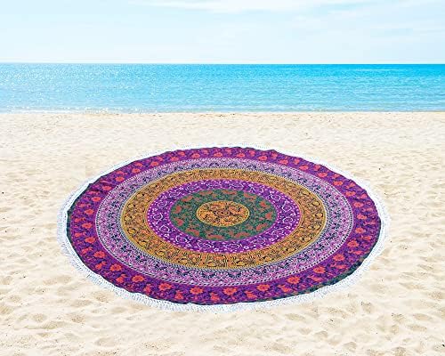 Round Beach Tapestry Turquoise Mandala Throw/Boho Hippie Beach Blanket Roundie/Indian Cotton Bohemian Large Round Table Cloth-Home Decor/Yoga Mat Meditation Picnic Rug (42", 6 Color)