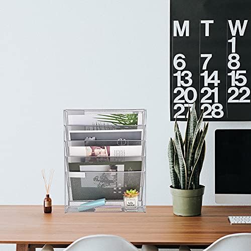 EASEPRES Desk File Organizer Mesh 6-Tier, Hanging Wall Mount Document Organization Stand, Desktop Vertical Mail Paper Folder Holder Rack with Bottom Tray for Office Home Cubicle Countertop, Silver