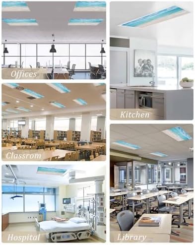 Ocean 4 Pcs Fluorescent Light Covers, Blue Sky Beach Waves Magnetic Filters Shade Panel Light Covers for Ceiling Lights Classroom Office Home Ceiling Decoration, 4 x 2 Ft