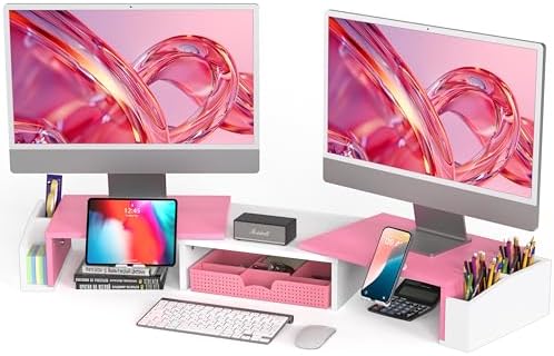 Simple Houseware Desk Dual Monitor Stand Riser with Drawer, Pink
