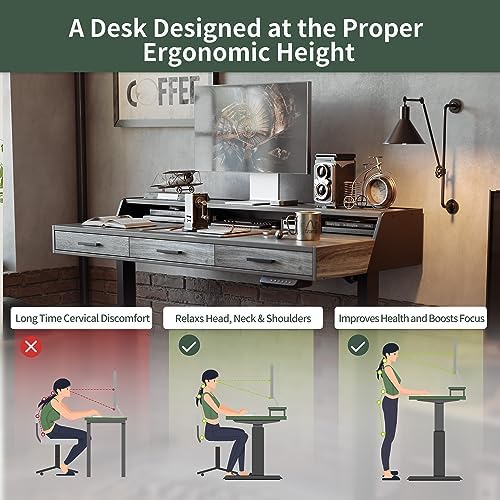 CubiCubi One-Piece Standing Desk 55x26 with 3 Wood Drawers, Antique Grey