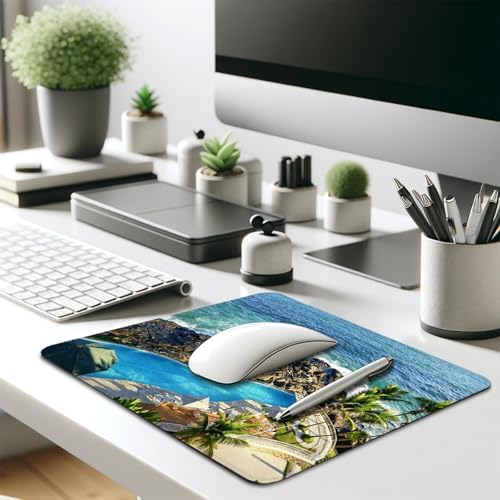 Luxury Cliffside Resort Pool with Palm Trees Mouse Pad, Tropical Desk Mat