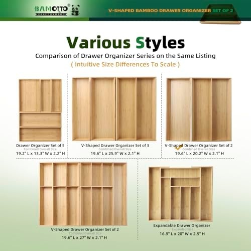 BAMOTTO CRAFTBAMBOO Long V-Shaped Bamboo Drawer Organizer Set of 2